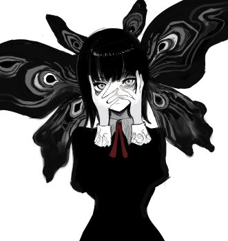 Rule 34 | 1girl, absurdres, black dress, black hair, bug, butterfly, chuhaibane, dress, expressionless, grey hair, hands on own face, highres, insect, looking at viewer, mole, mole under eye, necktie, original, partially colored, red necktie, simple background, solo, white background