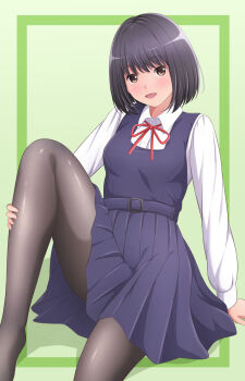 1girl akippoi_0919 black_hair black_pantyhose bob_cut brown_eyes dress highres neck_ribbon original pantyhose pinafore_dress ribbon school_uniform skirt sleeveless sleeveless_dress suspender_skirt suspenders