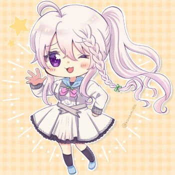 1girl 9-nine- ;3 ;d ahoge belt black_socks blue_shoes blush bow bowtie braid chibi chibi_only commentary_request dress floating_hair frilled_dress frills full_body furrowed_brow green_ribbon grey_belt grey_hair hair_ribbon hakusen_academy_school_uniform hand_on_own_hip hand_up highres kneehighs konomi_(konomi00e) long_hair looking_at_viewer niimi_sora one_eye_closed open_mouth outline outstretched_hand pink_bow pink_bowtie purple_eyes ribbon school_uniform shoes side_ponytail sidelocks simple_background single_braid smile socks solo standing star_(symbol) tareme twitter_username very_long_hair waving white_dress white_outline yellow_background