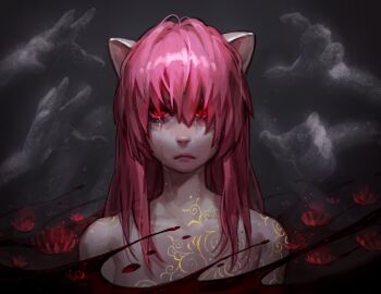 1girl absurdres blood closed_mouth commentary crying elfen_lied english_commentary flower frown grey_background highres horns long_hair lucy_(elfen_lied) pink_hair red_eyes red_flower ringed_eyes sad solo spider_lily starcat_bloom tears upper_body