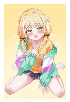 1girl absurdres black_bow blonde_hair blush border bow braid collarbone fang fella_(vpffk0731) fujita_kotone full_body gakuen_idolmaster gradient_background hair_bow hair_ornament highres idolmaster jacket long_hair looking_at_viewer low_twin_braids multicolored_jacket open_clothes open_jacket open_mouth orange_shirt plaid_clothes plaid_skirt pleated_skirt purple_skirt shirt sitting skirt smile socks solo sweatdrop swept_bangs thighs twin_braids wariza white_border white_socks yellow_eyes