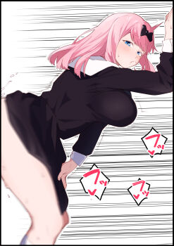 1girl absurdres against_wall bent_over black_border black_bow black_dress blue_eyes blush border bouncing_breasts bow breasts clothed_sex clothes_lift commentary dress dress_lift feet_out_of_frame from_side fujiwara_chika hair_bow highres implied_sex kaguya-sama_wa_kokurasetai_~tensai-tachi_no_renai_zunousen~ large_breasts long_hair long_sleeves looking_at_viewer motion_blur motion_lines parted_lips pink_hair puckered_lips re:ankh school_uniform sex sex_from_behind shuuchiin_academy_school_uniform socks solo sound_effects standing suggestive_fluid sweat white_socks