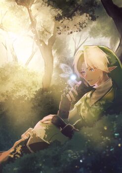 Rule 34 | 1boy, absurdres, black gloves, blonde hair, blue eyes, boots, brown boots, collared shirt, commentary request, earrings, feet out of frame, fingerless gloves, forest, gloves, green hair, green tunic, highres, jewelry, link, male focus, naltu101, nature, navi, nintendo, open mouth, outdoors, pants, parted bangs, phrygian cap, pointy ears, shirt, short hair, sitting, sunlight, the legend of zelda, the legend of zelda: ocarina of time, tunic, white pants, white shirt