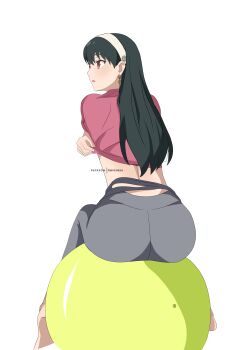 1girl absurdres ass ass_focus back ball black_hair exercise_ball female_focus grey_leggings hairband highres kevcrexx leggings long_hair pants red_eyes sitting spy_x_family undressing yoga yoga_pants yor_briar