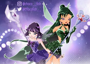 2girls adapted_costume bad_id bad_twitter_id bishoujo_senshi_sailor_moon black_arm_warmers black_bow black_bowtie black_pantyhose blunt_bangs blunt_ends bob_cut bow bowtie brooch cartoonized chest_jewel chocofish choker closed_mouth collarbone commentary cowboy_shot detached_sleeves earrings english_commentary eyelashes eyeshadow fairy fairy_wings gem glaive_(polearm) glitter green_choker green_hair green_leotard green_skirt green_wings hair_bun half_updo halftone halter_leotard halterneck heart heart_brooch height_difference high-waist_skirt highres holding holding_polearm holding_staff holding_weapon instagram_username jewelry leotard light_particles lipstick long_hair magical_girl makeup meiou_setsuna miniskirt multiple_girls outline pale_skin pantyhose parody pink_eyeshadow pink_lips pleated_skirt polearm purple_background purple_eyes purple_hair purple_leotard purple_skirt purple_sleeves purple_wings red_gemstone red_lips sailor_pluto sailor_saturn see-through_clothes see-through_sleeves short_hair short_sleeves silence_glaive single_hair_bun skirt smile sparkle staff straight_hair style_parody tan thighs tomoe_hotaru toon_(style) transparent_wings twitter_username very_long_hair weapon white_outline wings winx_club