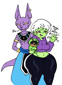 1girl 2boys armband baby beerus blush broly_(dragon_ball_super) cheelai colored_skin dragon_ball dragon_ball_super english_text green_skin hood hoodie multiple_boys musical_note nervous_smile nervous_sweating pants purple_eyes short_hair smib_art smile sweat tail thick_thighs thighs white_hair wide_hips wristband yoga_pants