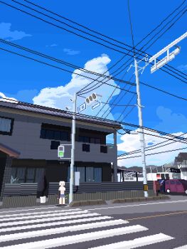 1girl animated animated_gif aseprite_(medium) bird blue_sky building car cloud crosswalk highres lamily motor_vehicle original outdoors pixel_art postbox_(outgoing_mail) power_lines sky traffic_light white_hair wide_shot wind