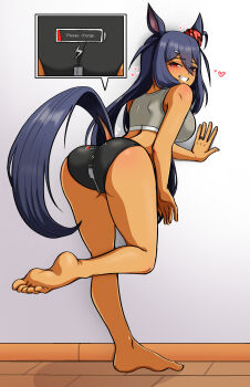 1girl absurdres against_wall animal_ears ass barefoot bent_over black_hair black_panties black_tail blush breasts commentary_request dark-skinned_female dark_skin ear_ornament feet from_behind full_body grey_sports_bra grin hair_between_eyes highres hishi_amazon_(umamusume) horse_ears horse_girl horse_tail jewelry large_breasts legs long_hair long_hair_between_eyes looking_at_viewer looking_back mixed-language_commentary naughty_face panties presenting_own_ass presenting_own_body print_panties ring rottenorang seductive_smile smile solo sports_bra standing standing_on_one_leg tail toes two_side_up umamusume underwear wedding_ring
