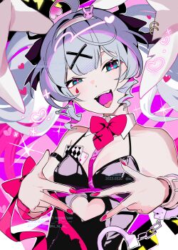 1girl ahoge animal_ears black_leotard blue_eyes blue_hair bow bowtie breasts card clothing_cutout cutout_above_navel hatsune_miku headband heart heart_cutout highres leotard mutsuri_(schwarzer-hund) nail_polish object_in_bra pink_theme playboy_bunny playing_card purple_theme rabbit_ears rabbit_hole_(vocaloid) red_bow red_bowtie ribbon saturated small_breasts solo teardrop_facial_mark to_te_na twintails vocaloid white_headband