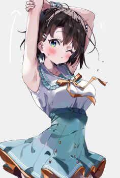 1girl absurdres arm_up armpits blue_eyes blue_sailor_collar blue_skirt blush breasts brown_hair closed_mouth highres hololive kuno_(kc9s) looking_at_viewer medium_breasts medium_hair official_alternate_costume one_eye_closed oozora_subaru oozora_subaru_(9th_costume) sailor_collar shirt skirt solo virtual_youtuber white_shirt