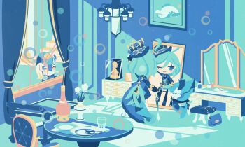 1girl ahoge bag black_hat blue_eyes blue_hair chair character_counter_request character_request chibi chibi_only closed_mouth cobalta cup curtains drinking_glass flower fork furina_(genshin_impact) genshin_impact hair_between_eyes handbag hat indoors long_sleeves looking_at_mirror mirror one_eye_closed short_hair smile standing stool table vase window