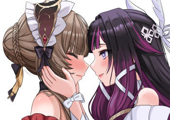 Rule 34 | 2girls, absurdres, black hair, blush, braid, brown hair, bun with braided base, closed eyes, closed mouth, columbina (genshin impact), commentary request, feathered wings, genshin impact, gradient hair, hair bun, hair ribbon, hands on another's cheeks, hands on another's face, head wings, highres, long sidelocks, looking at another, multicolored hair, multiple girls, multiple wings, nq6k95, open mouth, pink eyes, pink hair, ribbon, sandrone (genshin impact), sidelocks, simple background, smile, white background, white ribbon, white wings, wings, wrist ribbon, yuri