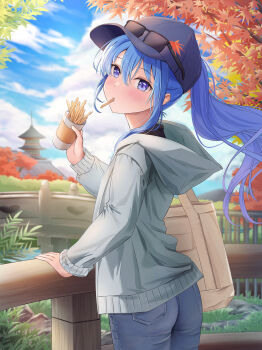 1girl absurdres black_hat blue_hair blurry blurry_background blush closed_mouth cloud cloudy_sky denim food food_in_mouth french_fries grey_jacket hair_between_eyes hat highres holding holding_food hololive hoshimachi_suisei jacket jeans long_hair looking_at_viewer mochiki_927 pants ponytail red_leaf sky solo sunglasses