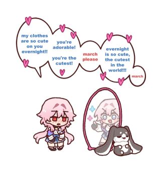 2girls bad_id bad_twitter_id black_gloves blue_eyes blue_skirt blush chibi chibi_only different_reflection dorkdragoon english_text evernight_(honkai:_star_rail) gloves heart honkai:_star_rail honkai_(series) long_hair march_7th_(honkai:_star_rail) march_7th_(preservation)_(honkai:_star_rail) mirror multiple_girls open_mouth pink_hair pom-pom_(honkai:_star_rail) red_eyes reflection self_cosplay simple_background skirt thumbs_up white_background