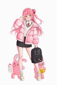 Rule 34 | > <, 1girl, absurdres, aran sweater, backpack, bag, black skirt, blush, breasts, breasts out, cable knit, coat, collared shirt, contrapposto, full body, green eyes, hair ribbon, hanako nana, hand up, hashtag-only commentary, highres, holding, holding bag, long hair, looking at viewer, miniskirt, necktie, nose blush, off shoulder, open clothes, open coat, open mouth, pencil skirt, peto (hanako nana), pink coat, pink hair, rabbit, red necktie, red ribbon, ribbon, shirt, shoes, simple background, skirt, smile, solo, standing, stellive, straight hair, sweater, v-neck, virtual youtuber, white background, white shirt, white shoes, white sweater, wing collar, winter clothes, winter coat, yeoun