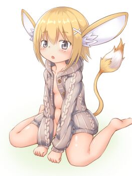 Rule 34 | 1girl, animal ears, barefoot, blonde hair, blush, breasts, emil chronicle online, grey eyes, hair ornament, hairclip, highres, mouse ears, mouse girl, mouse tail, naked sweater, navel, open mouth, sandrat alma, silver-index, sitting, small breasts, solo, sweater, tail, wariza, white background, white sweater