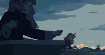 Rule 34 | 3girls, aikatsu!, aikatsu! (series), blue coat, blunt bangs, boat, closed eyes, cloud, coat, commentary request, highres, hikami sumire, koke (koke7), long hair, long sleeves, looking ahead, morning, multiple girls, on boat, open mouth, outdoors, ozora akari, profile, purple eyes, purple hair, rowboat, rowing, shinjo hinaki, short hair, sitting, sky, slice of life, smile, upper body, watercraft