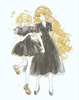 Rule 34 | 2girls, ambiguous red liquid, ankle boots, black dress, black shoes, blonde hair, boots, champagne flute, commentary, cup, don quixote (project moon), dress, drinking glass, fang, highres, holding hands, ishmael (project moon), limbus company, long hair, meijiichigo, multiple girls, open mouth, orange hair, project moon, shoes, simple background, skin fang, smile, untranslatable commentary, very long hair, wavy hair, white background, yellow boots, yellow eyes