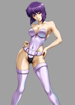 1girl absurdres bare_hips belt breasts commentary_request covered_navel cropped_legs curvy ghost_in_the_shell ghost_in_the_shell:_stand_alone_complex highleg highleg_leotard highres kusanagi_motoko leotard looking_at_viewer medium_breasts medium_hair nito_(mrrx5772) purple_hair revealing_clothes shiny_skin solo standing strapless strapless_leotard thighhighs white_thighhighs wide_hips