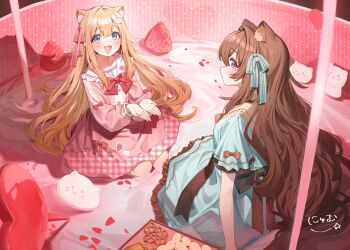 2girls animal_ear_fluff animal_ears aqua_dress aqua_ribbon blonde_hair blue_eyes blush bow brown_hair cupping_hands dress food frilled_dress frills fruit hair_ribbon highres long_hair looking_at_viewer multiple_girls nyum original own_hands_together pink_dress pink_eyes pink_ribbon plaid_clothes red_bow ribbon strawberry very_long_hair