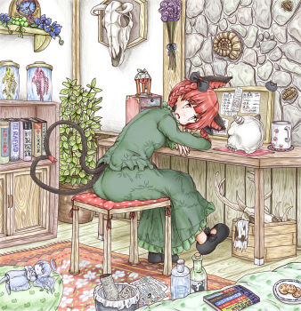 1girl animal_ear_fluff black_shoes book bottle braid carpet cat_tail clock coffee_mug commentary_request cup extra_ears fish_skeleton flower food full_body green_shirt green_skirt heart heart_tail helix_fossil highres indoors kaenbyou_rin looking_at_viewer mug multiple_tails newspaper open_mouth plant potted_plant red_eyes red_hair shirt shoes side_braids sitting skirt skull solo stool tail touhou twin_braids two_tails ys_(ytoskyoku-57)