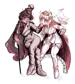 2girls ? after_kiss angel_wings black_shirt blush bow bowtie breasts cape character_request crossed_legs crown detached_sleeves erpin_(trickcal) formal_clothes full_body garter_straps grabbing_another&#039;s_face hat head_grab heart highres large_breasts long_hair mint_punk monocle multiple_girls red_bow red_bowtie red_cape red_eyes rollett_(trickcal) saliva saliva_trail sharp_teeth shirt sideboob simple_background skindentation smile suit tabard teeth thighhighs tongue tongue_out trickcal very_long_hair wings yuri