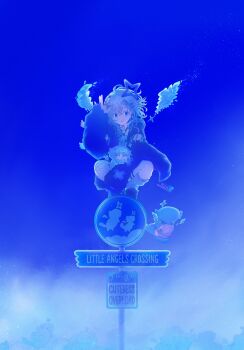 1girl 2others amane_kanata amane_kanata_(cutesy_punk) angel angel_wings asymmetrical_bangs backpack bag bear_hair_ornament bloom blue_hair blue_sky colored_inner_hair feathered_wings gradient_wings grey_hair guuuuuu41 hair_ornament hairclip halo harness highres holoforce hololive jacket looking_at_viewer medium_hair mini_wings multicolored_hair multicolored_wings multiple_others o-ring o-ring_harness official_alternate_costume official_alternate_hair_length official_alternate_hairstyle pink_bag purple_eyes road_sign shirt shorts sign single_fishnet_legwear single_hair_intake single_leg_warmer sky smile squatting star_halo stop_sign streaked_hair upao_(amane_kanata) virtual_youtuber white_wings wings x_hair_ornament