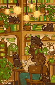 1girl animal animal_charm animal_on_head artist_name bag bag_charm blue_pants book bookshelf bow brown_bag brown_cat brown_theme cable_knit cat cat-shaped_food cat_on_head chair charm_(object) coffee coffee_pot commentary commission denim emily_kim english_commentary from_behind green_bow green_hair_ornament hair_bow hair_ornament hairclip halftone handbag hanging_lantern highres indoors ivy jeans knit_sweater light_bulb limited_palette long_sleeves monstera_deliciosa on_head original pants plant potted_plant reading sitting sparkle sweater table wavy_hair white_sweater wooden_chair wooden_table