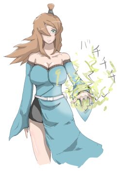 Rule 34 | 1girl, breasts, brown hair, cleavage, female focus, green eyes, hair over one eye, long hair, naruto (series), naruto shippuuden, smile, solo, terumi mei, topknot, zhu claw