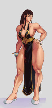 1girl 2022 absurdres arm_at_side bare_legs bare_shoulders black_dress bracelet braid braided_sidelock breasts brown_eyes brown_hair capcom chinese_clothes chun-li cleavage clenched_teeth commentary confused dress english_commentary female_focus flats full_body hair_over_shoulder hand_on_own_hip highres jewelry long_hair looking_to_the_side low-tied_sidelocks low_ponytail medium_breasts mortificent muscular muscular_female muscular_legs official_alternate_costume official_alternate_hairstyle pelvic_curtain ponytail red_lips red_nails sash shoes side_slit sidelocks simple_background solo spiked_bracelet spikes street_fighter street_fighter_v swept_bangs teeth thick_thighs thighs white_background white_shoes yellow_sash