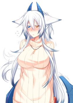 Rule 34 | 1girl, animal ears, arms behind back, averting eyes, blue eyes, blue hair, blush, breasts, colored eyelashes, dragon girl, dragon horns, dragon tail, ear blush, female focus, flying sweatdrops, fox ears, gift, gradient hair, heterochromia, holding, holding gift, horns, konshin, large breasts, long hair, looking away, matching hair/eyes, monster girl, multicolored hair, nervous, orange eyes, orie hakua, pixiv fantasia, pixiv fantasia new world, solo, tail, tail wagging, very long hair, white background, white hair