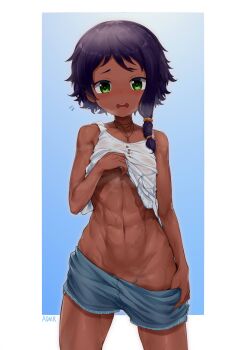 1girl abs alice_gear_aegis aomoro bare_arms bare_shoulders black_hair blue_background blue_shorts blush border breasts breath clothes_lift clothes_pull collarbone commentary cowboy_shot dark-skinned_female dark_skin denim denim_shorts flying_sweatdrops green_eyes groin hand_up heavy_breathing highres lifting_own_clothes looking_at_viewer navel no_panties nose_blush open_mouth pulling_own_clothes shanti_rana shiny_skin shirt shirt_lift short_hair_with_long_locks short_shorts shorts shorts_pull sidelocks signature small_breasts solo standing steam string sweat symbol-only_commentary tank_top teeth toned upper_teeth_only wet wet_clothes wet_shirt white_border white_tank_top
