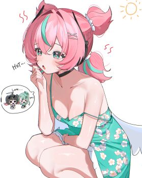 1girl :o absurdres alternate_costume aqua_dress aqua_eyes aqua_streaks aria_(human)_(zenless_zone_zero) aria_(zenless_zone_zero) black_choker blush breasts choker collarbone commentary dress floral_print floral_print_dress hair_ornament hand_to_own_mouth highres hot medium_breasts multicolored_hair nangong_yu open_mouth pink_hair pink_nails print_dress quad_tails shusuchii simple_background solo spaghetti_strap spoken_character squatting star_(symbol) star_in_eye strap_slip streaked_hair sunna_(zenless_zone_zero) sweat symbol_in_eye white_background x_hair_ornament zenless_zone_zero