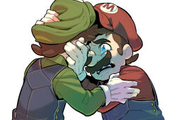 Rule 34 | 2boys, blue eyes, blue overalls, brown hair, commentary, english commentary, facial hair, gloves, green hat, green shirt, hat, luigi, mario, mario (series), multiple boys, mustache, nintendo, open mouth, overalls, red hat, red shirt, redlhzz, shirt, short hair, tagme, teeth, the super mario bros. movie, white gloves