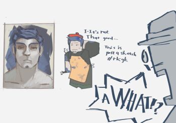 1boy 1other apron artist_painter beret black_shirt blue_hair breath commentary english_commentary english_text expressionless facial_hair flxphlx forsaken_(roblox) full_body furrowed_brow goatee_stubble guest_1337_(roblox) hat holding holding_paintbrush paint_splatter paintbrush painting_(object) roblox scratching_head shirt sleeves_rolled_up stubble sweatdrop