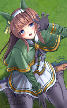 Rule 34 | 1girl, animal ears, asymmetrical footwear, black gloves, black leggings, blue eyes, blunt bangs, blush, brown hair, capelet, claw pose, commentary request, ear covers, gloves, grass, green capelet, hairband, highres, hime cut, horse ears, horse girl, leggings, long hair, long sleeves, looking at viewer, mismatched footwear, open mouth, orange hair, shirt, silence suzuka (innocent silence) (umamusume), silence suzuka (umamusume), sitting, skirt, smile, solo, umamusume, wariza, white hairband, white shirt, white skirt, yumibakama meme