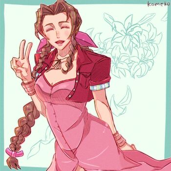 1girl aerith_gainsborough arm_behind_back artist_name bangle bracelet breasts brown_hair buttons center_opening choker cleavage closed_eyes cowboy_shot cropped_jacket dress final_fantasy final_fantasy_vii floral_background flower green_background hair_ribbon highres jacket jewelry komeko_(strikek-lvvjm27) light_blush lily_(flower) long_dress long_hair medium_breasts open_mouth parted_bangs pink_ribbon puffy_short_sleeves puffy_sleeves red_jacket ribbon ribbon_choker short_sleeves sidelocks smile solo v