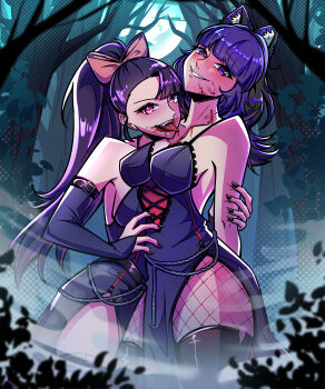 2girls absurdres animal_ear_fluff animal_ears belt bite_mark bite_mark_on_neck black_hair black_lips blood blood_from_mouth blood_on_clothes blood_on_face bridge_piercing brown_hair cat_ears dress elethiavt face_piercing fishnets fog gloves goth_fashion hair_pulled_back highres licking long_hair moon mouth_piercing multiple_girls nail_polish nicoenvt night piercing ponytail purple_eyes purple_hair red_eyes ribbon short_hair thighhighs tongue tree vampire vampire_bite wavy_hair