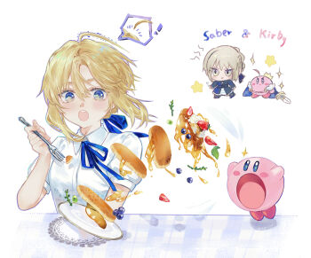 ! 1girl ahoge artoria_pendragon_(fate) blonde_hair blue_eyes blue_ribbon blueberry blush blush_stickers character_name chibi chibi_inset collared_shirt commentary cosplay fate/stay_night fate_(series) food fork fruit hair_ribbon highres holding holding_fork kirby kirby_(series) neck_ribbon nigiri nintendo plate puffy_short_sleeves puffy_sleeves ribbon saber_(fate) saber_(fate)_(cosplay) shirt short_sleeves speech_bubble star_(symbol) strawberry strawberry_slice untranslatable_commentary twitter_username watermark white_shirt wing_collar