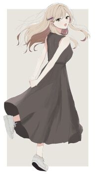 Rule 34 | 1girl, bare shoulders, black dress, border, brown eyes, brown hair, commentary request, dress, floating hair, from behind, grey background, hair ornament, highres, kazuna eaka, leg up, long dress, long hair, looking at viewer, looking back, open mouth, outside border, sena ajisai, shoes, simple background, sleeveless, sleeveless dress, sneakers, solo, watashi ga koibito ni nareru wake naijan murimuri!, white border, white shoes