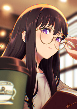 10ttruck 1girl adjusting_eyewear alternate_costume bespectacled black_hair closed_mouth commentary_request cup disposable_cup glasses grey_sweater highres indoors inoue_takina long_hair looking_at_viewer lycoris_recoil purple_eyes round_eyewear signature solo straight_hair sweater upper_body