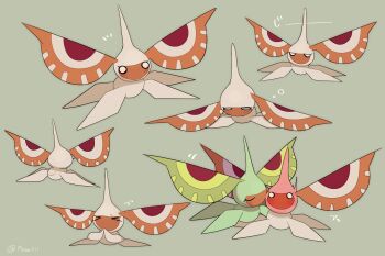 &gt;_&lt; a-nya alternate_color animal_focus antennae blush bug closed_eyes commentary_request eyelashes from_behind full-face_blush full_body gen_3_pokemon grey_background highres horns insect_wings masquerain nintendo no_humans o_o pokemon pokemon_(creature) pokemon_focus shiny_and_normal shiny_pokemon simple_background single_horn twitter_username wings