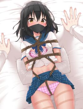 1boy 1girl absurdres akatsuki_kojou annoyed arms_behind_back bdsm bed bed_sheet belly between_breasts between_legs between_thighs black_hair blue_neckerchief blue_skirt blush bondage bound bound_arms bound_breasts bound_torso bra breast_bondage breasts brown_eyes checkered_clothes cleavage cloth_gag clothes_lift commission commissioner_upload crotch_rope crying crying_with_eyes_open embarrassed female_focus formal_clothes gag gagged glaring gluteal_fold hair_between_eyes highres himeragi_yukina improvised_gag jacket legs long_hair long_sleeves looking_at_another looking_at_viewer looking_up lying midriff midriff_peek neckerchief nekomushi on_back on_bed open_clothes open_shirt out-of-frame_character out_of_frame out_of_frame_male outstretched_arms over_the_nose_gag panties pelvic_curtain pelvic_curtain_lift pillow pink_bra pink_panties plaid_bra plaid_clothes plaid_panties plaid_skirt pleated_skirt rope_marks sailor_collar sailor_shirt shibari shibari_over_clothes shirt short_sleeves sidelocks skeb_commission skindentation skirt skirt_lift small_breasts solo_focus stomach strike_the_blood striped_bra striped_clothes striped_panties sweat sweatdrop tearing_up tears thigh_gap thighs unbuttoned unbuttoned_shirt underwear white_jacket white_shirt
