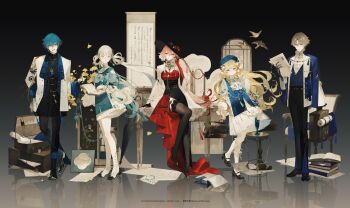 2boys 3girls absurdres baichuan_baichuan bird black_dress black_hat black_pants black_thighhighs blonde_hair blue_hair blue_jacket book brant_(wuthering_waves) breasts changli_(wuthering_waves) chinese_commentary cleavage closed_mouth colored_extremities commentary_request dress english_text hair_between_eyes hand_up hat highres holding holding_book jacket jinhsi_(wuthering_waves) large_breasts looking_at_viewer multicolored_hair multiple_boys multiple_girls official_alternate_costume official_art pants phoebe_(wuthering_waves) pink_hair purple_eyes red_dress red_hands shrug_(clothing) smile socks thighhighs two-tone_hair watermark weibo_watermark white_eyes white_hair white_shrug white_socks window wuthering_waves xiangli_yao_(wuthering_waves)