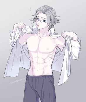 1boy abs aotsuki_eito black_hair blue_eyes collarbone eyebrows eyelashes glasses grey_background long_sleeves looking_at_viewer male_focus muscular muscular_male navel open_clothes open_mouth open_shirt parted_hair parted_lips shirt simple_background solo solo_focus the_hundred_line_-last_defense_academy- white_hair white_shirt