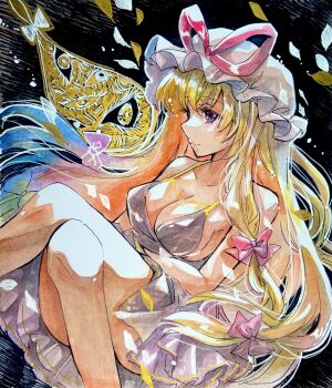 1girl black_background blonde_hair bow breasts gap_(touhou) hair_bow hat hat_ribbon highres iori_(akaringo) mob_cap nightgown painting_(medium) purple_eyes ribbon solo touhou traditional_media watercolor_(medium) yakumo_yukari