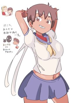 Rule 34 | 1boy, 3girls, alternate skin color, arms behind head, blonde hair, breasts, brown eyes, brown hair, capcom, closed eyes, crying, dark-skinned female, dark skin, drill hair, fingerless gloves, gloves, grin, hair ribbon, headband, highres, japanese text, kanzuki karin, kasugano sakura, large breasts, legs, looking at viewer, marvel, marvel super heroes vs. street fighter, marvel vs. capcom, marvel vs. capcom 2, midriff, multiple girls, navel, open mouth, ribbon, school uniform, short hair, skirt, smile, spider-man, spider-man (series), street fighter, thighs, translation request, v, vatsha