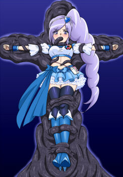 1girl aono_miki bdsm black_thighhighs blue_background blue_boots blue_shirt blue_skirt bondage boots bound clover_ornament crop_top cross cure_berry drill_hair earrings fresh_precure! frilled_skirt frills hair_ornament hairband heart heart_earrings heart_hair_ornament held_up highres jewelry long_hair magical_girl midriff miniskirt navel open_mouth precure puffy_short_sleeves puffy_sleeves purple_eyes purple_hair ryona sanipan10 shirt short_sleeves side_drill side_ponytail skirt solo sunny-punch tentacle_in_mouth tentacles thighhighs