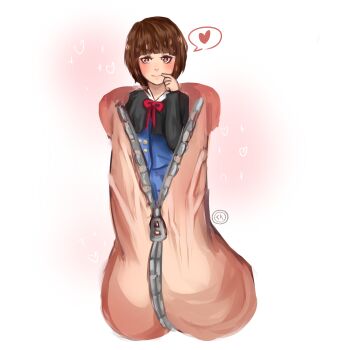 1girl :d alternate_hair_color black_jacket blue_shirt blue_skirt blunt_bangs blush bob_cut bow brown_eyes brown_hair buttons closed_mouth collared_shirt commentary cropped_jacket double-breasted english_commentary english_text erection hand_to_own_mouth hand_up heart heart-shaped_pupils highres jacket kin-iro_mosaic light_blush light_smile long_sleeves looking_at_viewer medium_hair meme mixed-language_commentary oomiya_shinobu open_mouth oversized_zipper partially_unzipped penis pleated_skirt red_bow school_uniform shiny_skin shirt signature simple_background simplyonions skirt sleeves_past_wrists smile solo spanish_commentary spoken_heart symbol-shaped_pupils testicles unzipping unzips_dick_(meme) upper_body veins veiny_penis what white_background white_shirt winter_uniform zipper zipper_pull_tab