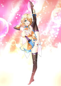 1girl ;d armpits black_thighhighs blonde_hair blush breasts clothing_cutout detached_sleeves dress fishnet_thighhighs fishnets flexible full_body gaping green_eyes hair_ornament heart heart_cutout highres leg_lift leg_up looking_at_viewer magical_girl medium_breasts nipple_cutout nipples no_panties nyanmel49 one_eye_closed open_mouth original pussy short_hair smile solo speculum split spread_pussy standing standing_on_one_leg standing_split thighhighs v yellow_dress